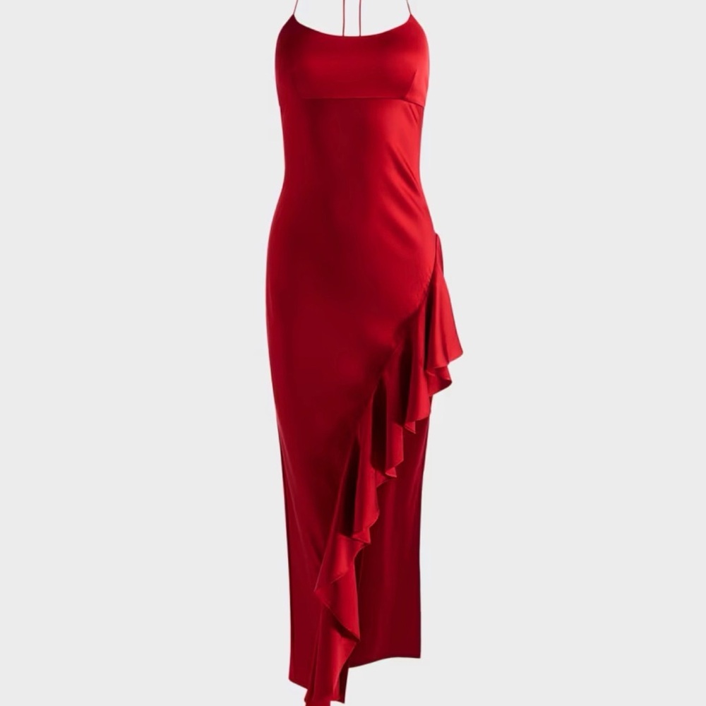 Alice + Olivia Elegant Red Ruffle-Trim Maxi Dress with Spaghetti Straps